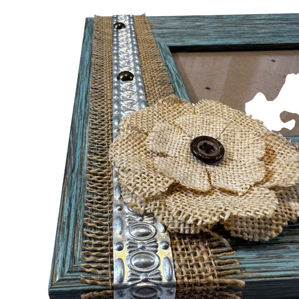 Farmhouse Aqua Distressed Wood Picture Frame 5x7 Photo Shabby Chic Burlap Floral